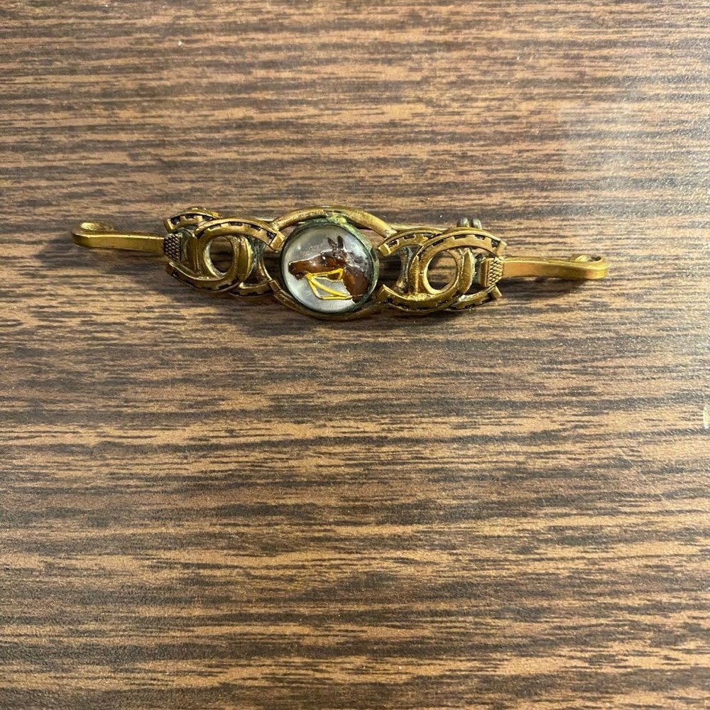 Vintage Reverse Intaglio Hand Painted Crytal Equestrian Brooch with Horses Head